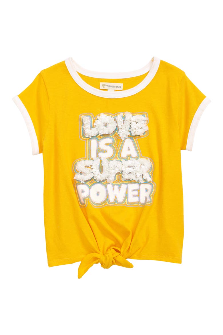 Kids' Tie Front Graphic Tee, Main, color, YELLOW FUSION LOVE IS A POWER