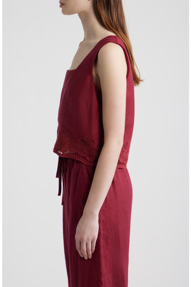 Akira Embroidered Sleeveless Linen Top, Alternate, color, BERRY HIBISCUS EMBROIDERY
