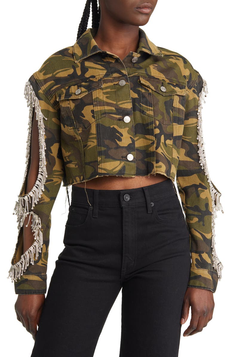 AZALEA WANG Crystal Embellished Fringe Camo Print Jacket, Alternate, color, 