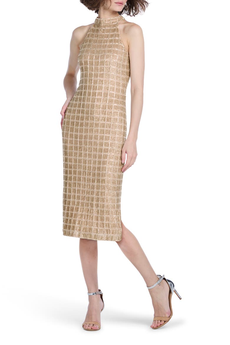 Windowpane Sequin Midi Dress, Alternate, color, GOLD