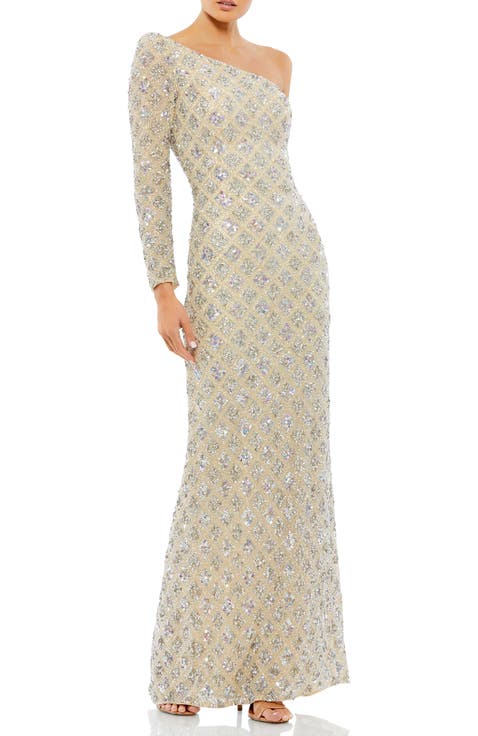 Asymmetrical Single Long Puff Sleeve Hand Embellished Gown