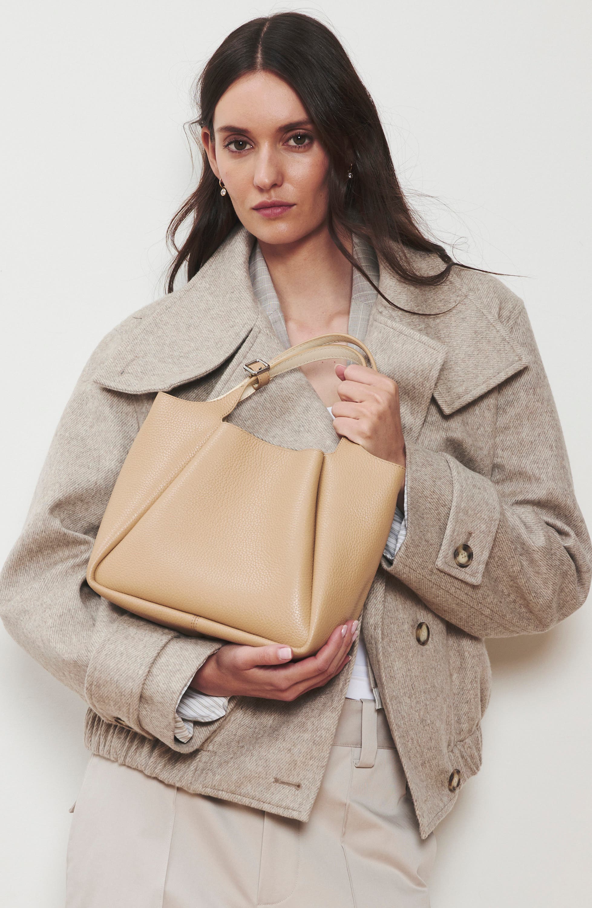 Trapeze Leather Bucket Bag, Alternate, color, CAMEL MULTI