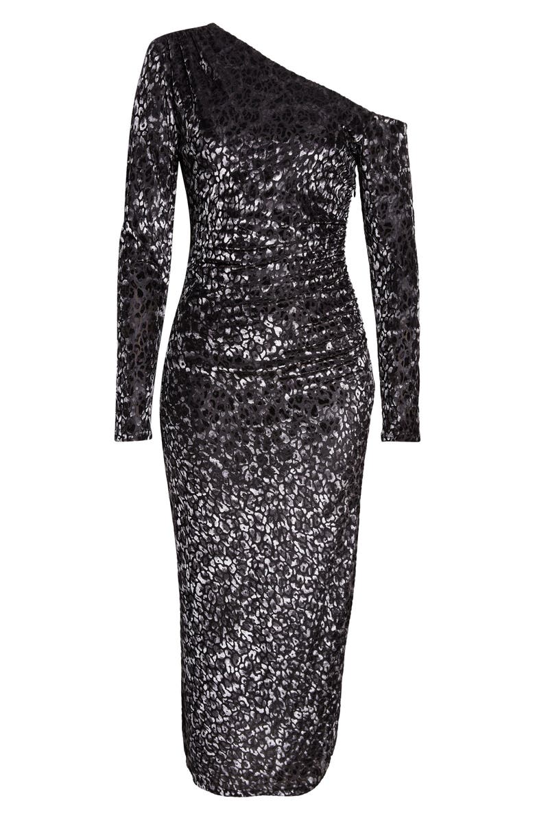Ramy Brook Anastasia Leopard Spot Velvet Burnout One-Shoulder Midi Dress, Alternate, color, Black Leopard Burnout
