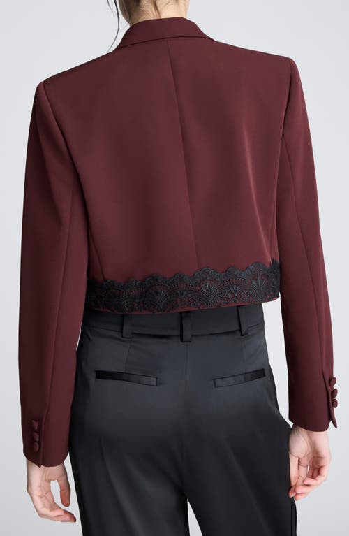 Kenneth Cole Luxe Twill Fitted Cropped Blazer With Lace Trim In Burgundy