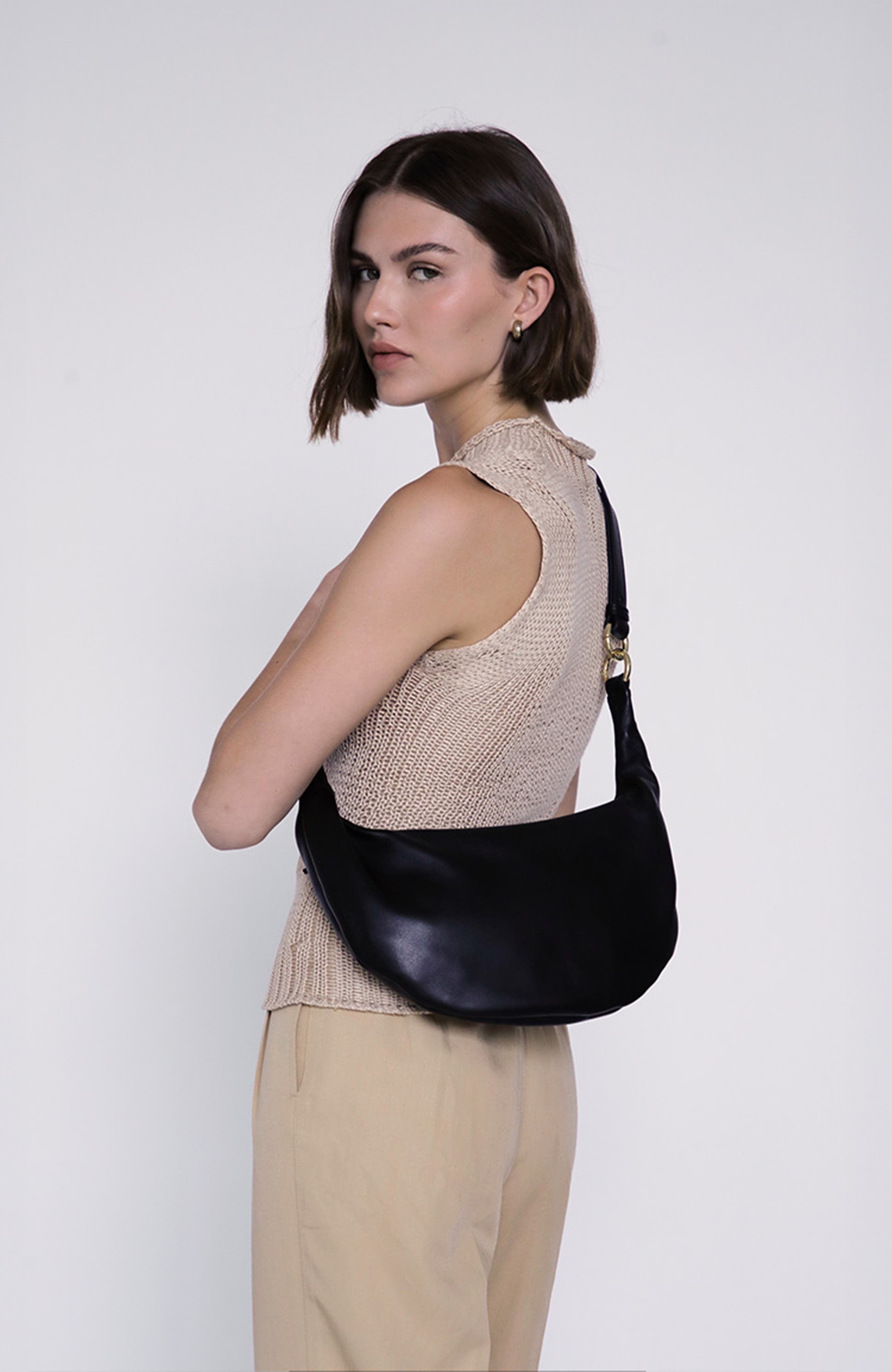 HYER GOODS Small Leather Convertible Hobo Crescent Ring Bag, Alternate, color, Black/Gold