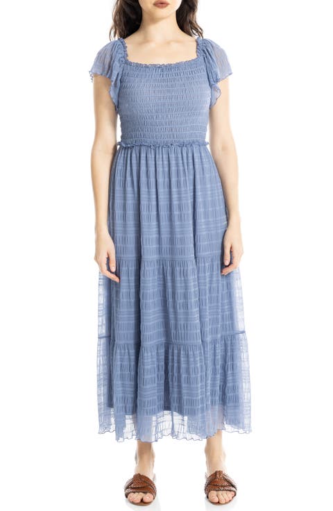 Flutter Sleeve Smocked Mesh Midi Dress