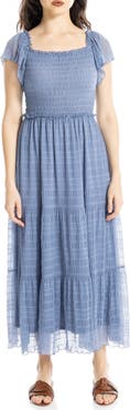 MAX STUDIO Flutter Sleeve Smocked Mesh Midi Dress