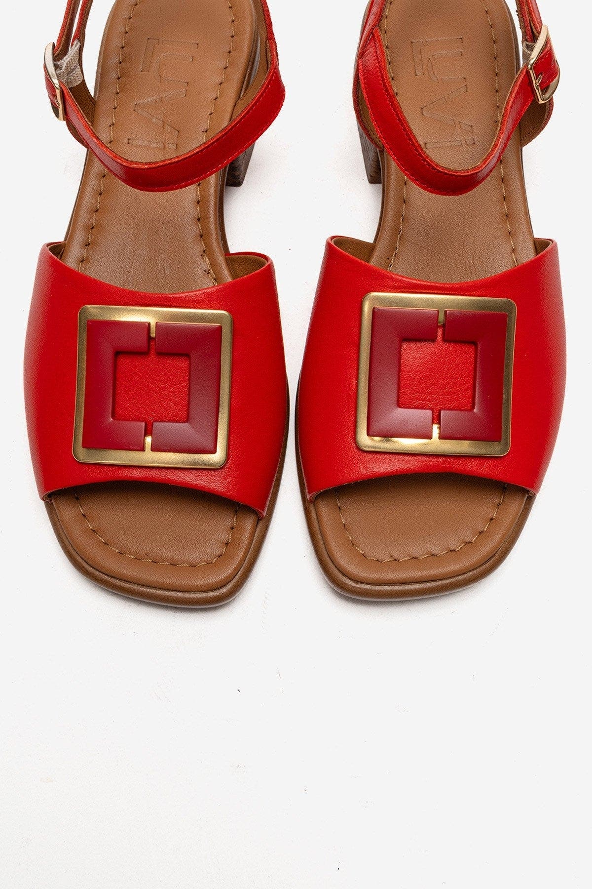 Svelte Leather Buckle Sandal, Alternate, color, Red