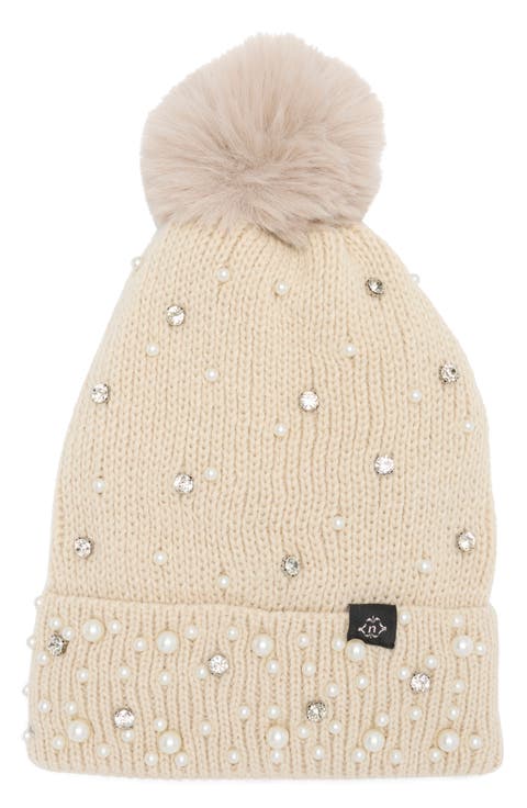 Scattered Embellished Faux Fur Pompom Beanie