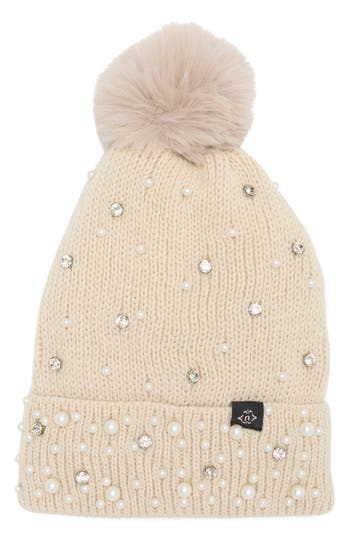 Nanette Lepore Scattered Embellished Faux Fur Pompom Beanie