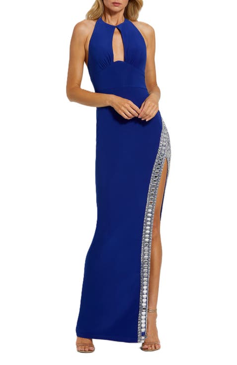 Jersey Halter Neck Beaded Slit Detail Gown