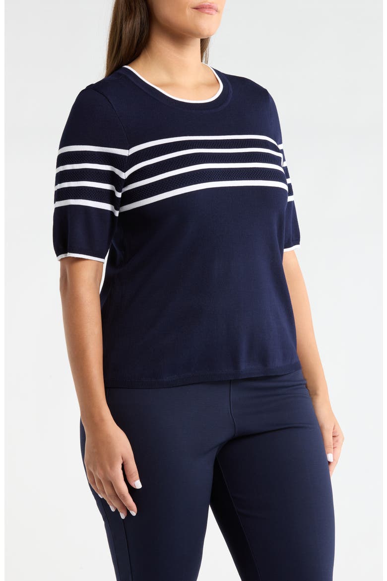 Short Sleeve Crewneck Sweater, Alternate, color, NAVY/ WHITE STRIPE
