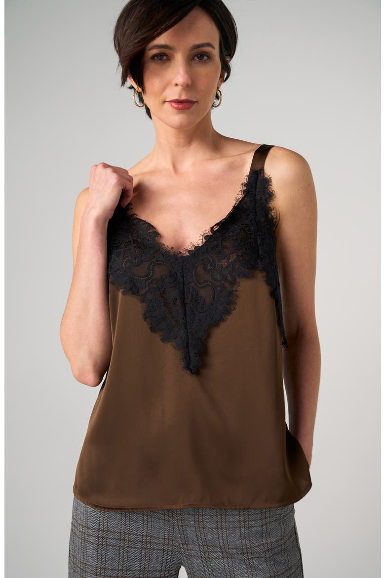 Lace Trim Satin Camisole, Alternate, color, DARK ESPERSSO W BLACK