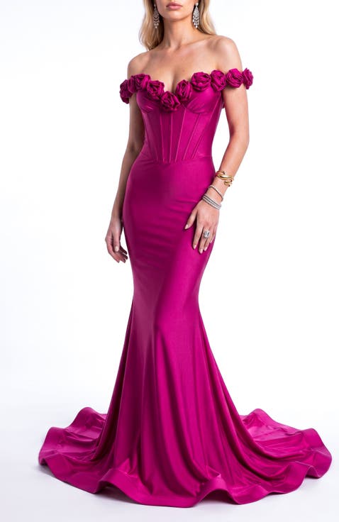 Rosette Off-Shoulder Corset Mermaid Gown