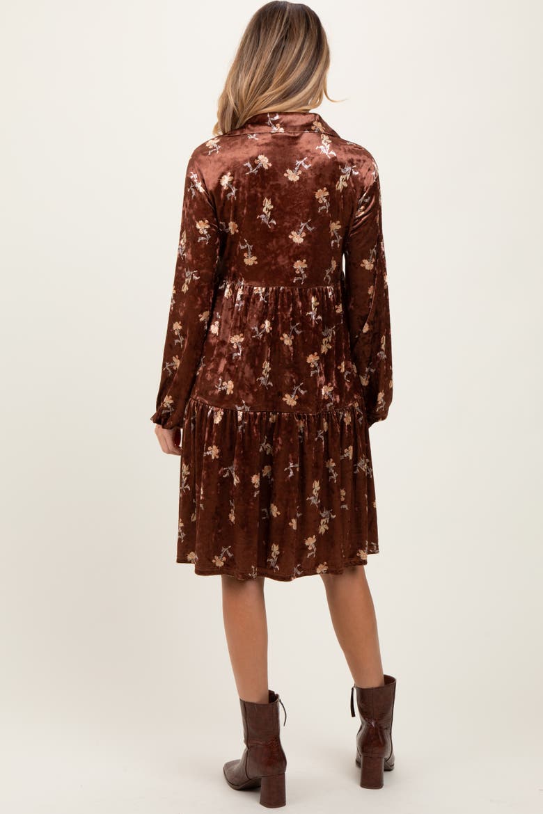 Floral Velvet Button Down Midi Dress, Alternate, color, Brown