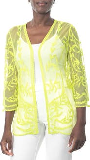 Nina Leonard Embroidered Mesh Open Front Shirt