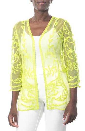 Nina Leonard Embroidered Mesh Open Front Shirt In Bright Moss
