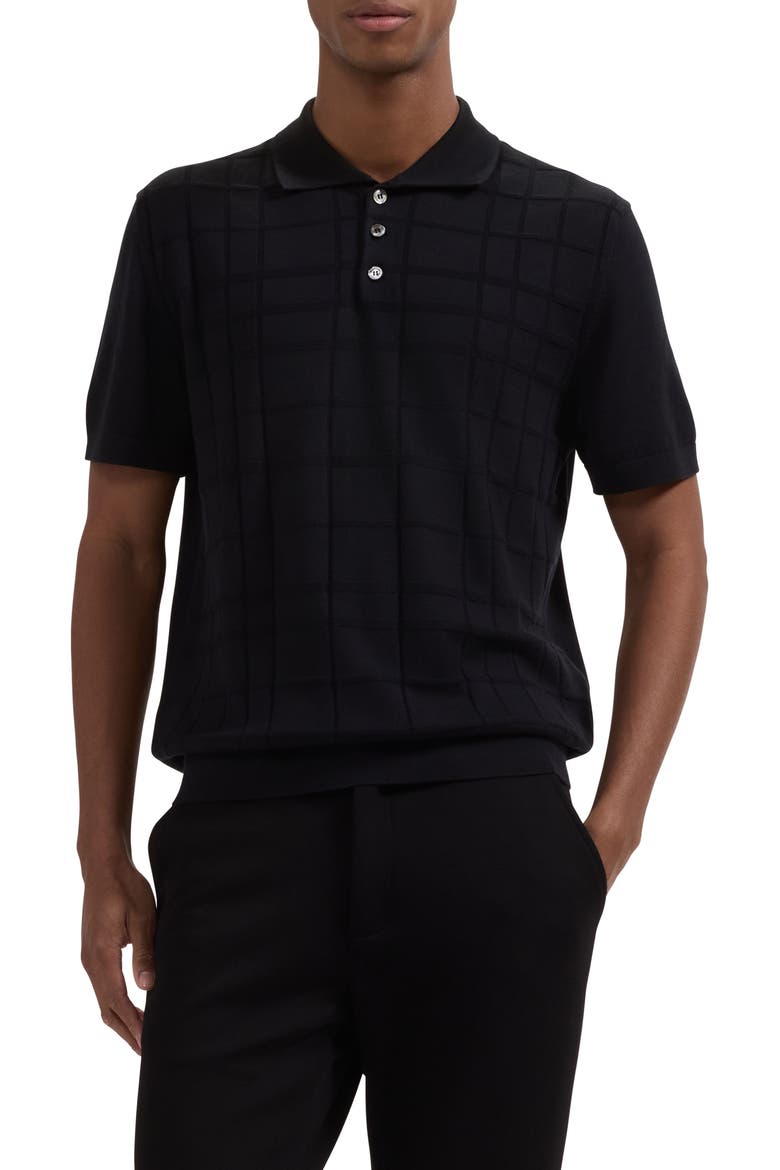 Textured Grid Polo Sweater, Main, color, BLACK