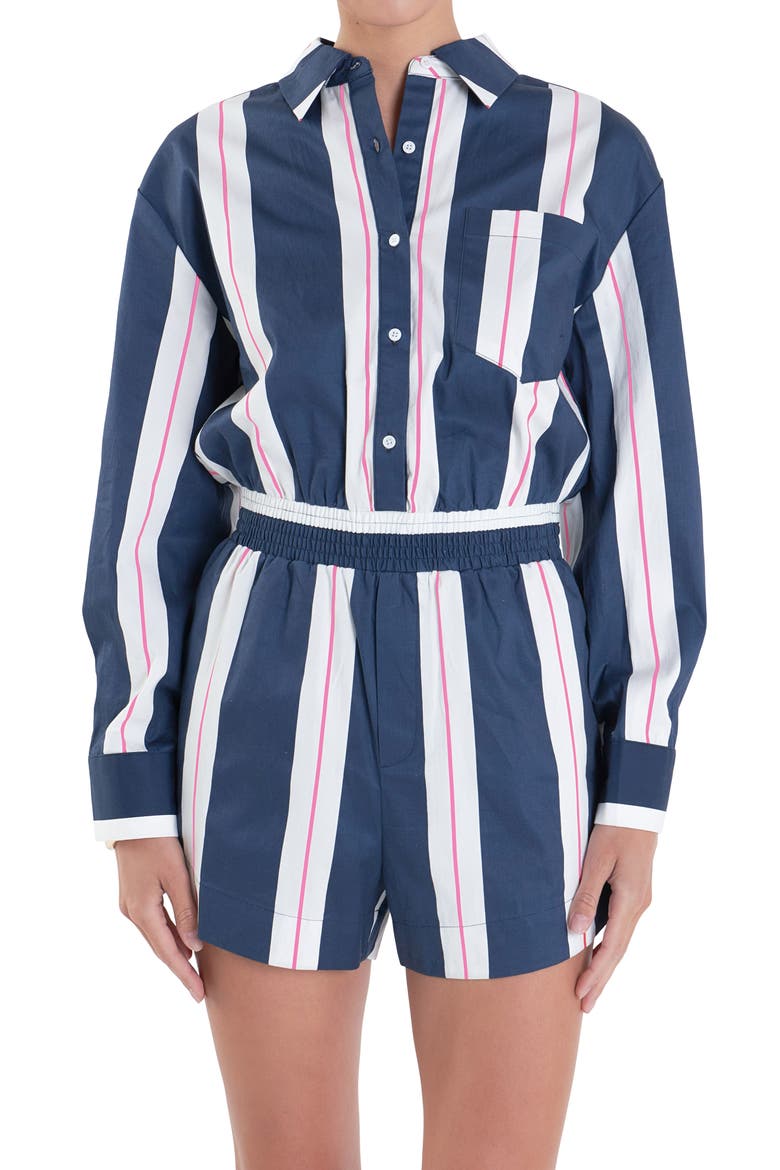 Stripe Long Sleeve Cotton Romper, Alternate, color, NAVY/ WHITE