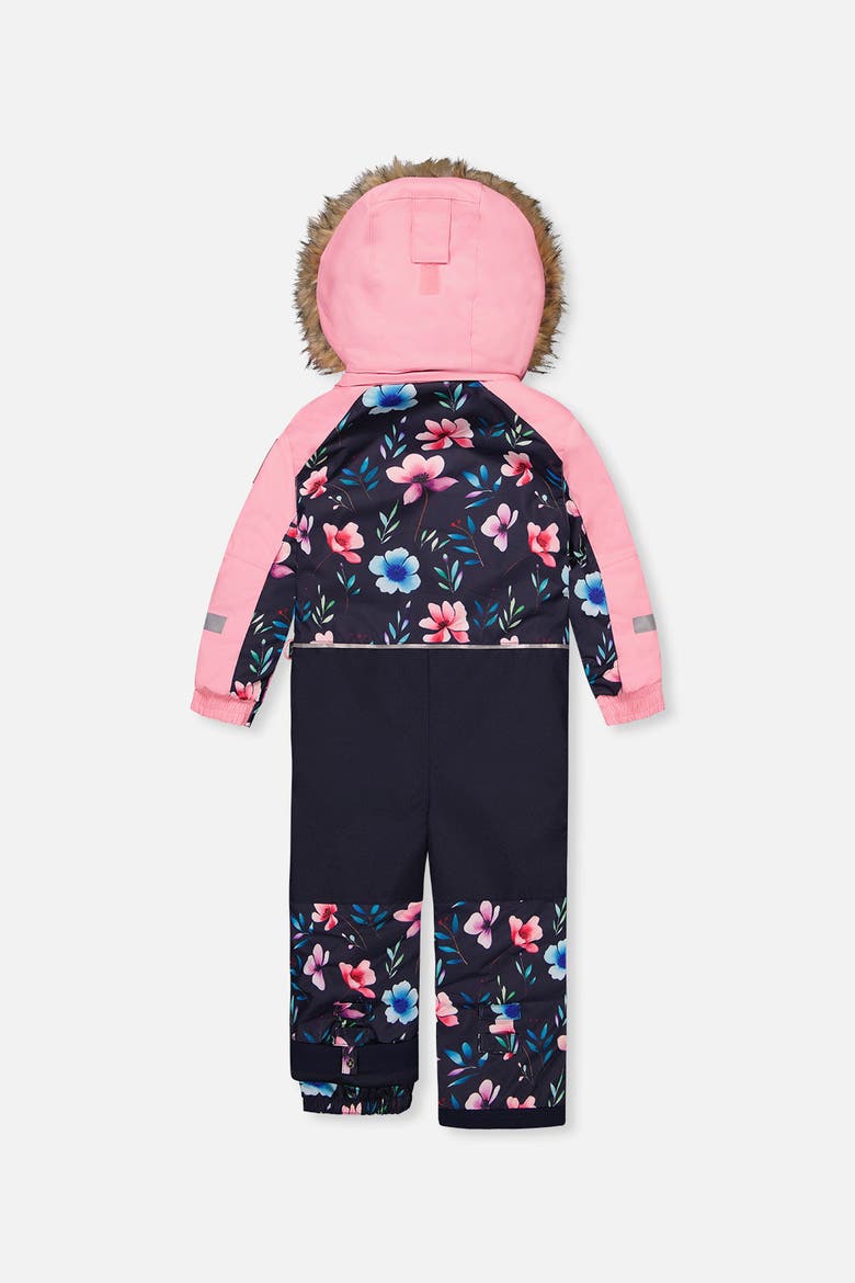Play Floral Faux Fur Hood & One Piece Snowsuit, Alternate, color, Blue Floral Print