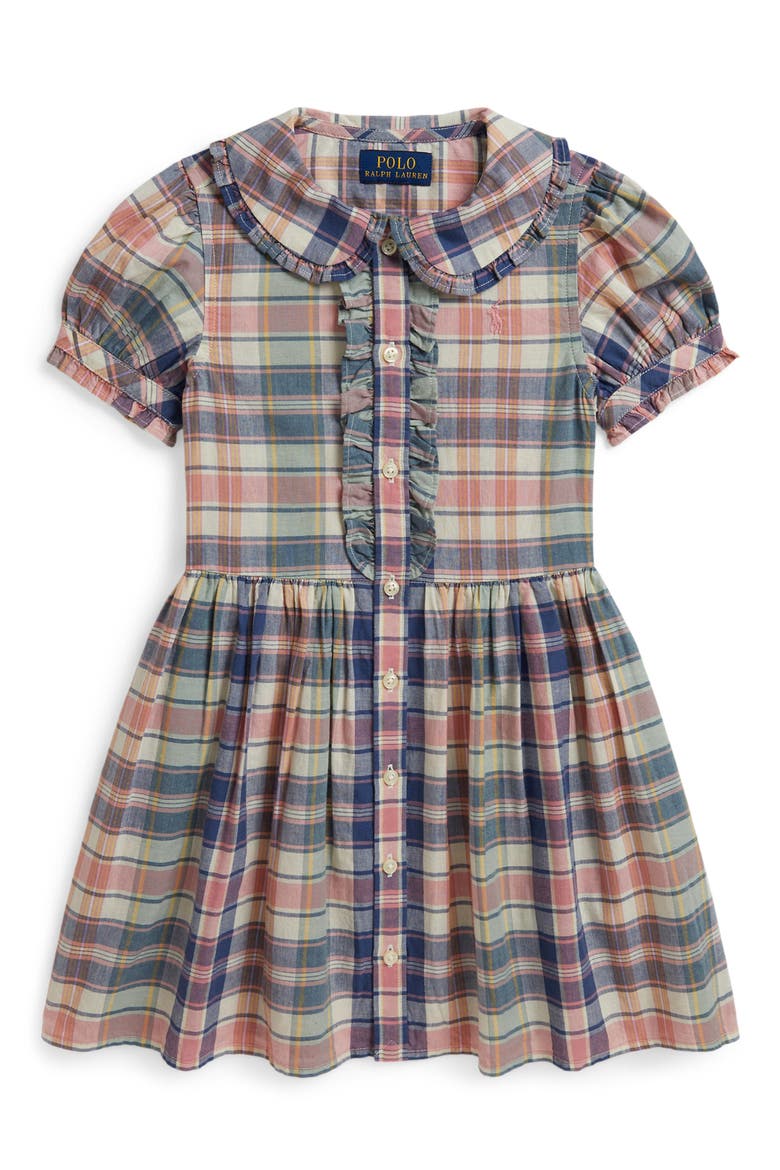 Plaid Button-Up Cotton Shirtdress, Main, color, EARTH BLUE-PINK MULTI