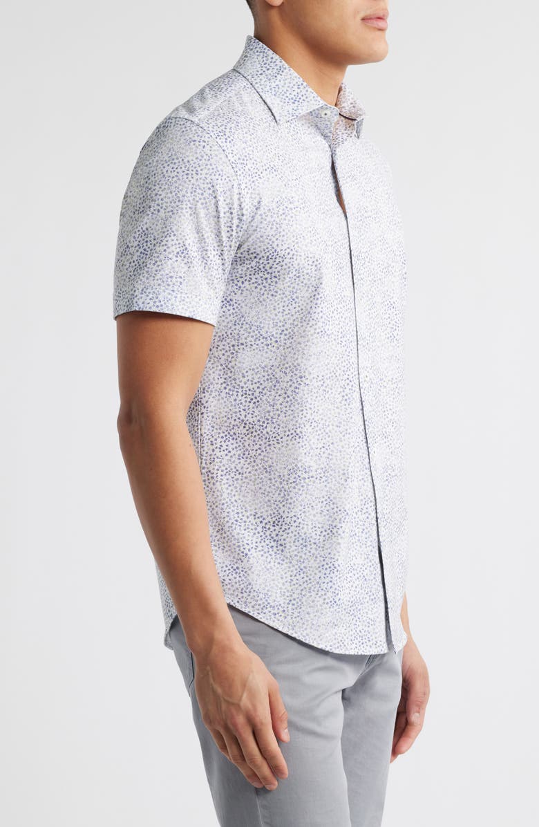 Bugatchi Miles OoohCotton<sup>®</sup> Leaf Print Short Sleeve Button-Up Shirt, Alternate, color, Peacock