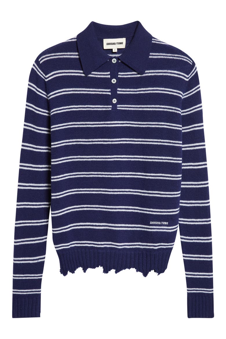 Deconstructed Stripe Wool Polo Sweater, Alternate, color, BLUE STRIPE