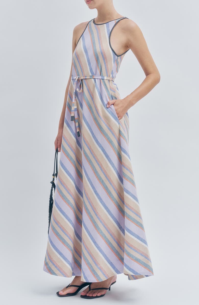MAUDE CLUB Margie Diagonal Stripe Cotton & Linen Maxi Dress, Alternate, color, Lavender Stripe