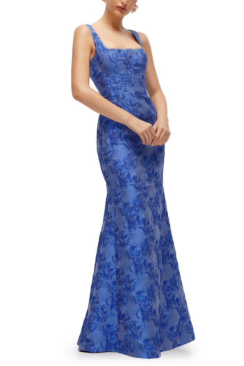 Metallic Jacquard Trumpet Gown, Alternate, color, COBALT JACQUARD