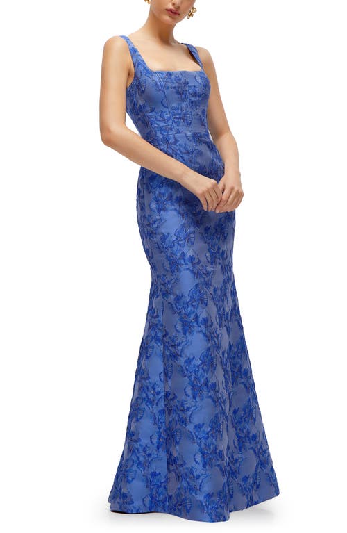 Dessy Collection Metallic Jacquard Trumpet Gown In Cobalt Jacquard
