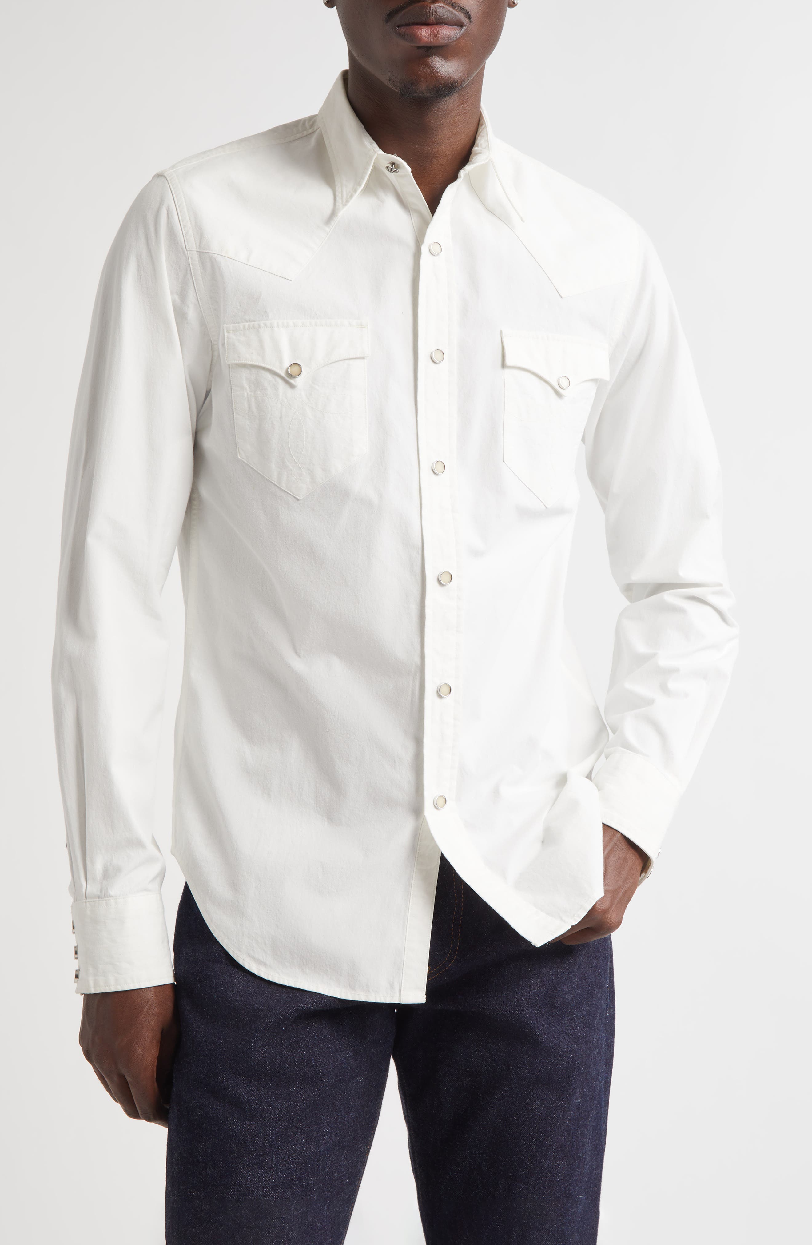 Double RL Slim Fit Poplin Snap-Up Western Shirt in White 