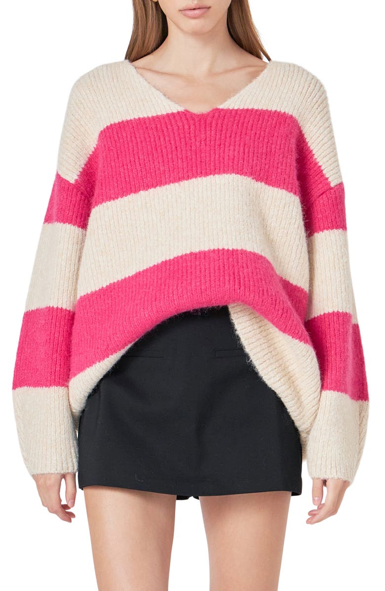 Endless Rose Oversize Stripe Sweater, Alternate, color, Beige/ Fuchsia