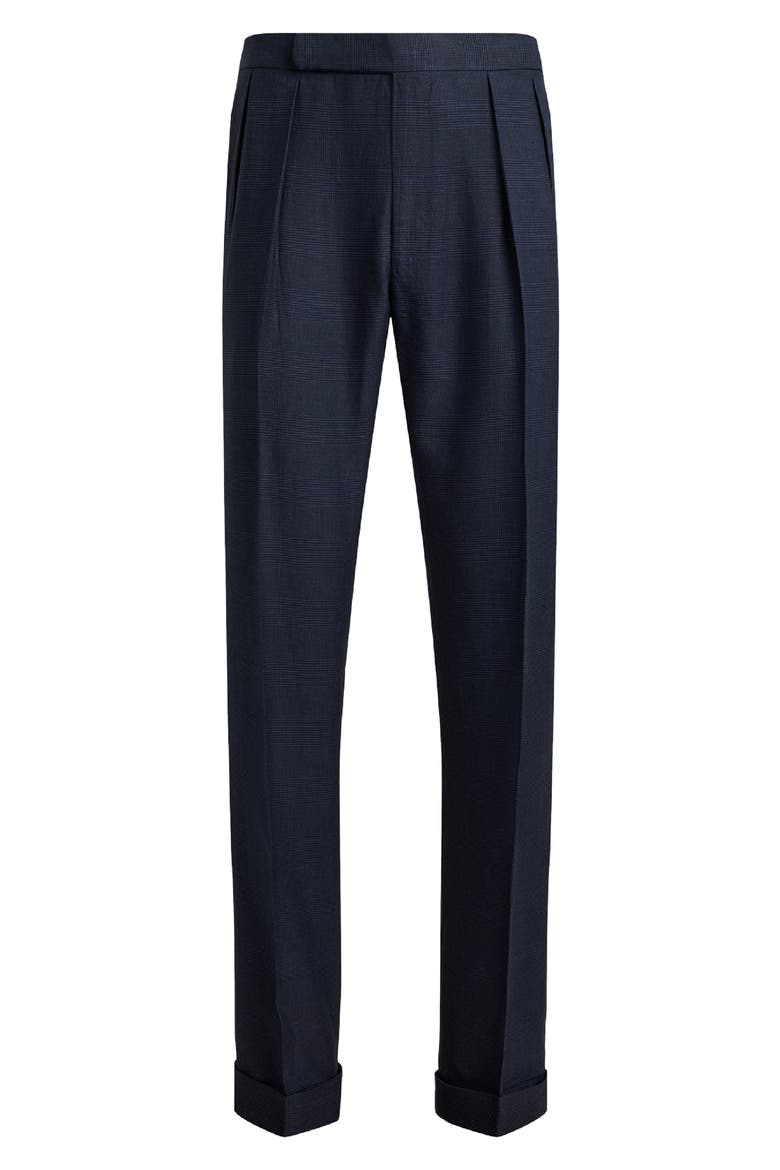 Gregory Pleated Glen Plaid Linen & Silk Trousers, Alternate, color, RACING NAVY