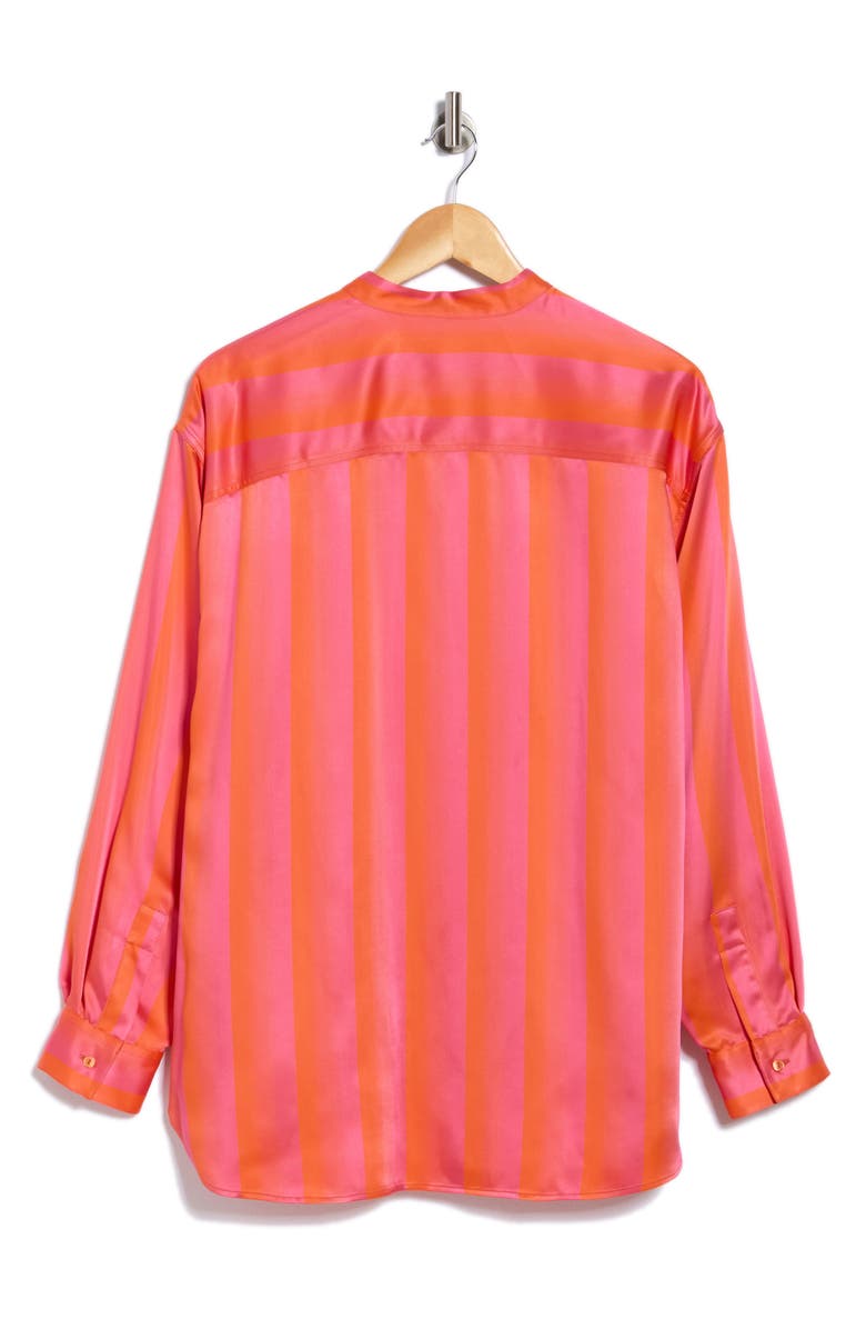 Longchamp Stripe Long Sleeve Satin Button-Up Shirt, Alternate, color, Fuchsia/ Orange