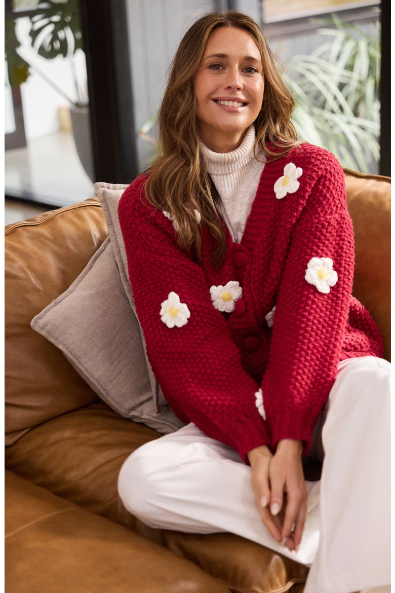 Budburst Crochet Appliqué Knit Cardigan, Alternate, color, CHERRY