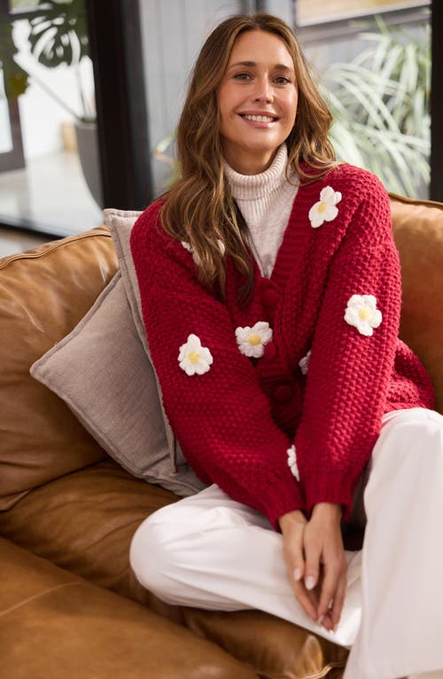 Brave + True Brave+true Budburst Crochet Appliqué Knit Cardigan In Red