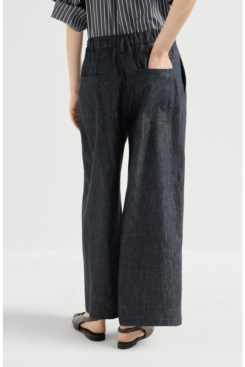 Denim-effect twill pleated A-line trousers with shiny loop, Alternate, color, Denim