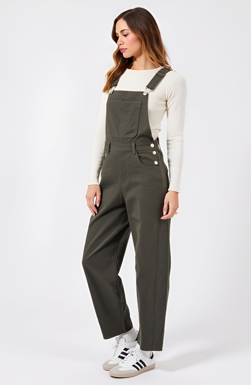Modenaire Wide-leg Adjustable-strap Front Bib Pocket Overalls In Green
