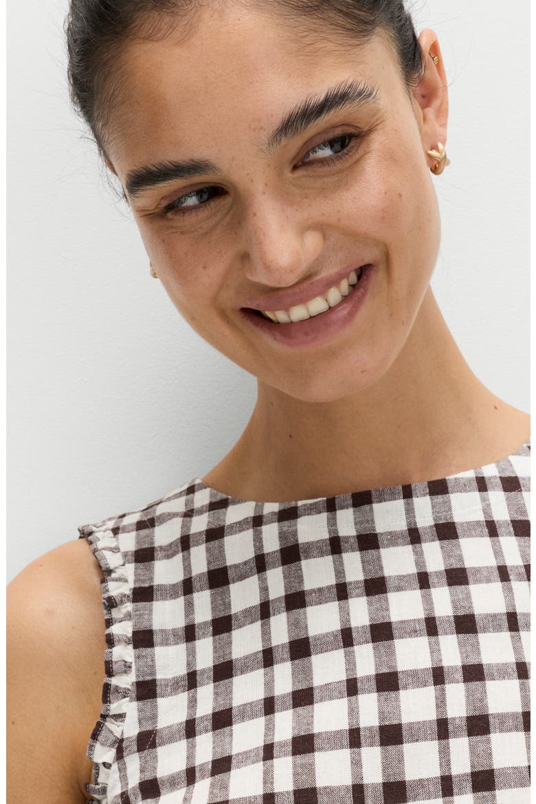 Gingham Ruffle Trim Linen Blend Crop Top, Alternate, color, BROWN/ MULTI