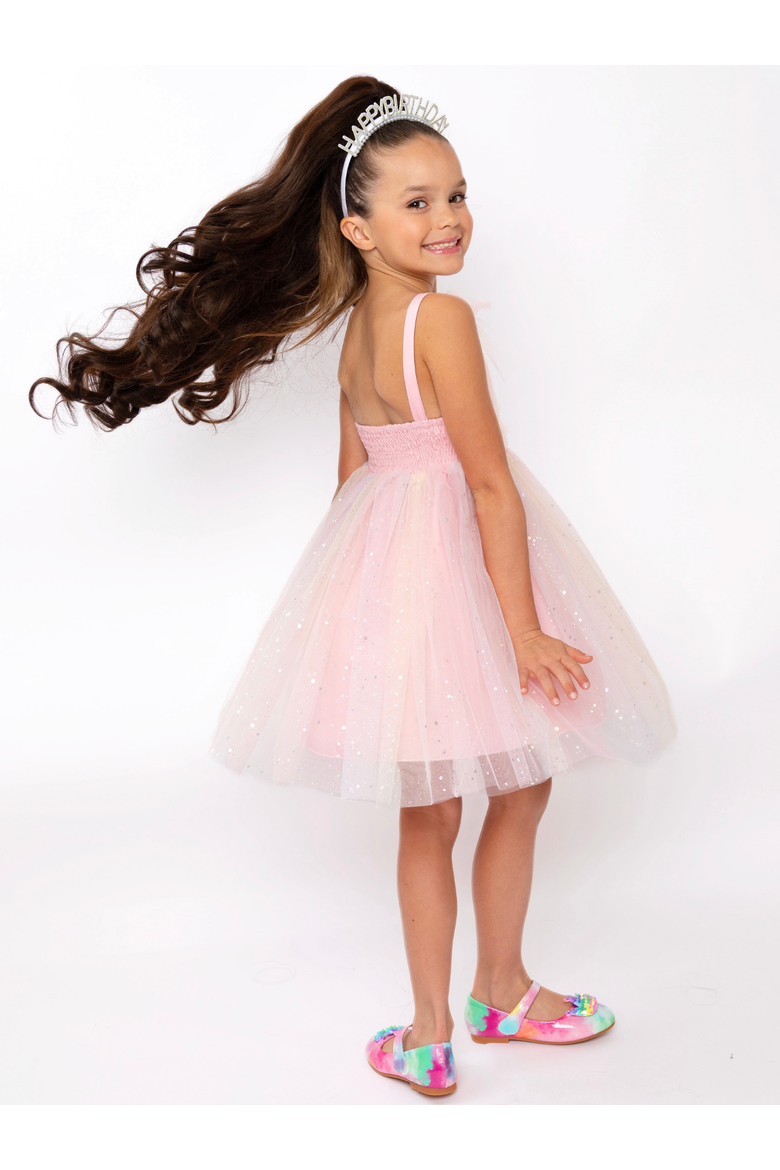 Birthday Glow Pastel Rainbow Tulle Dress, Alternate, color, Pink