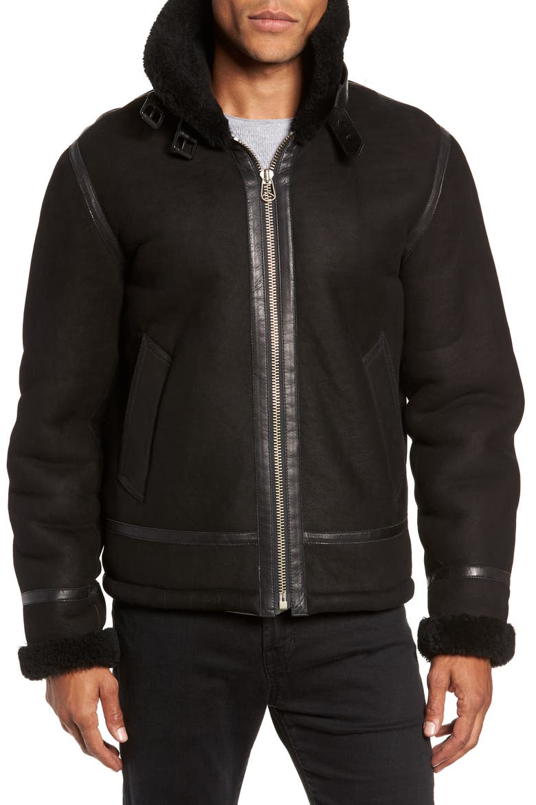 Leather and Genuine Shearling Flight Jacket, Alternate, color, BLACK