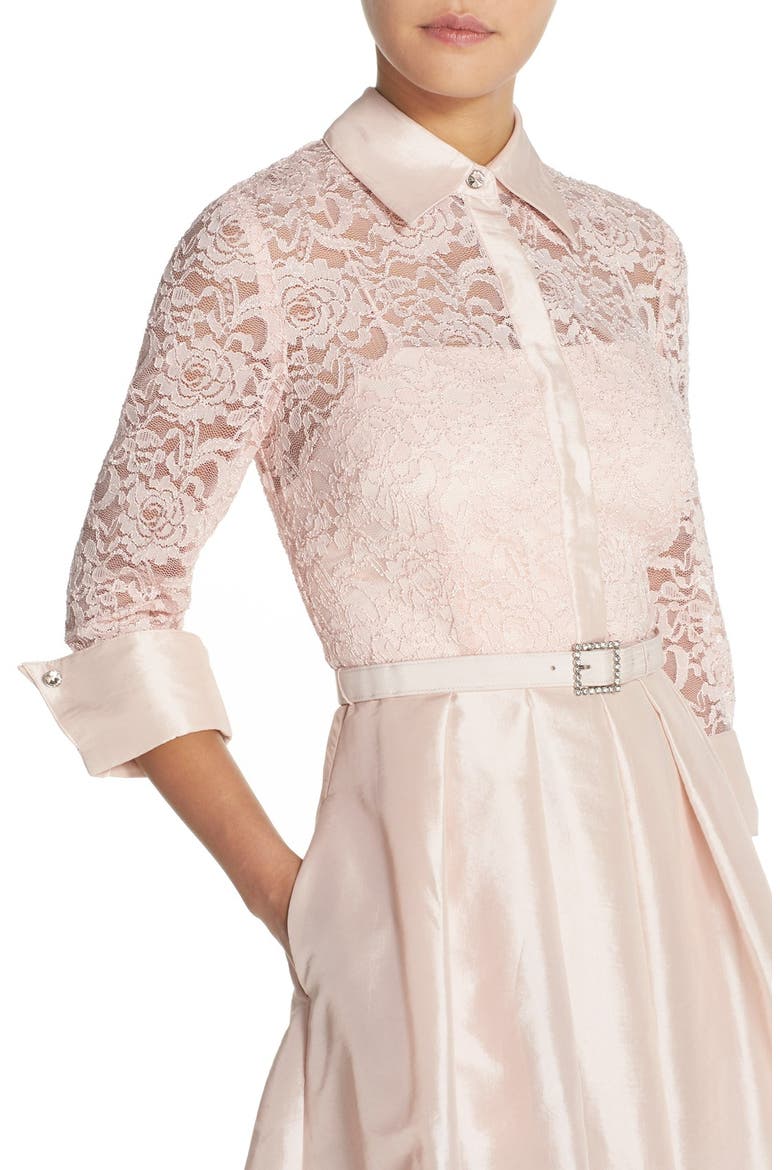 Belted Lace & Taffeta Point Collar Midi Dress, Alternate, color, BLUSH