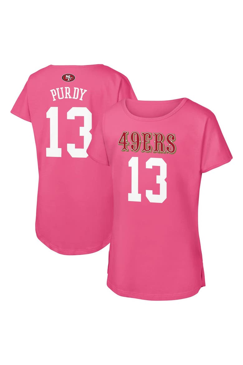 Girls Youth Outerstuff Brock Purdy Pink San Francisco 49ers Player Name & Number T-Shirt, Main, color, Pink