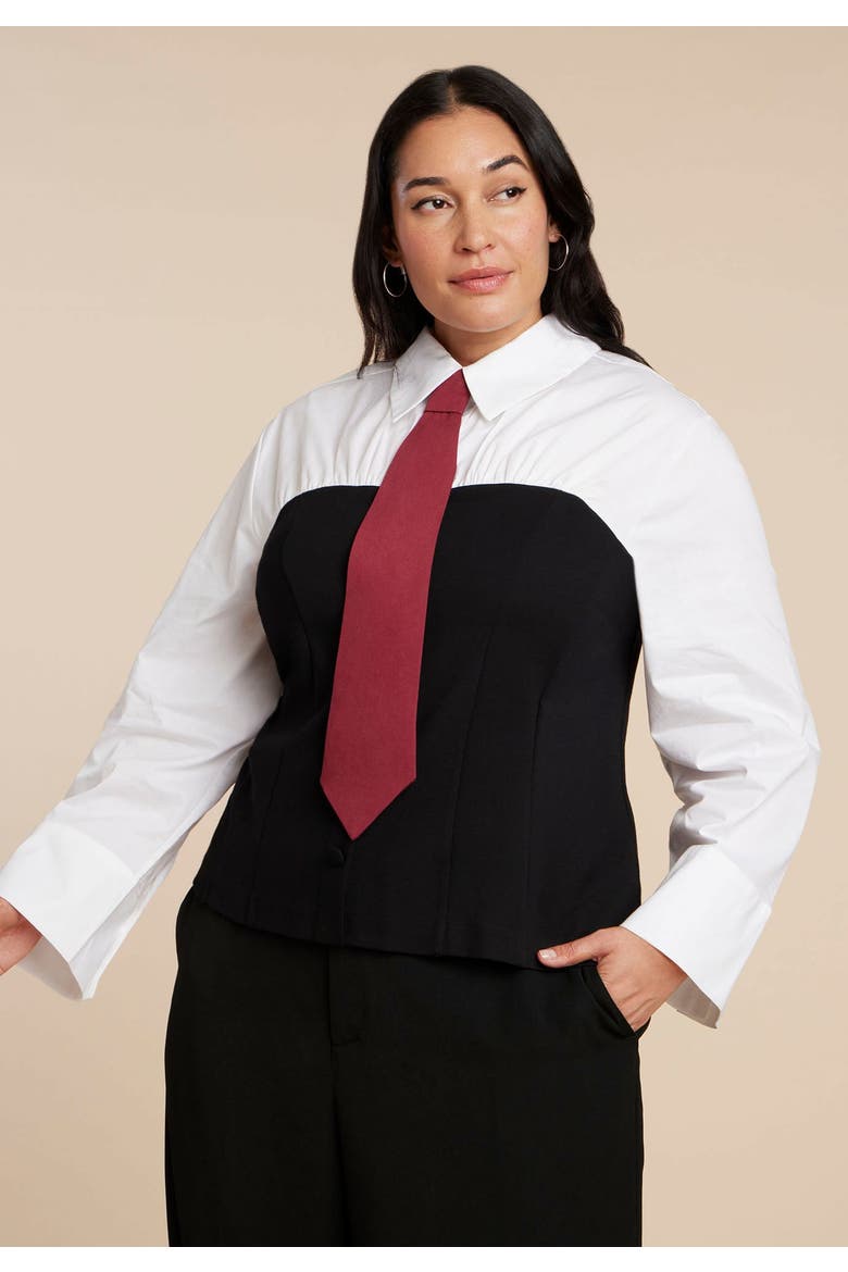 Bustier Button Up Twofer, Alternate, color, BLACK WHITE
