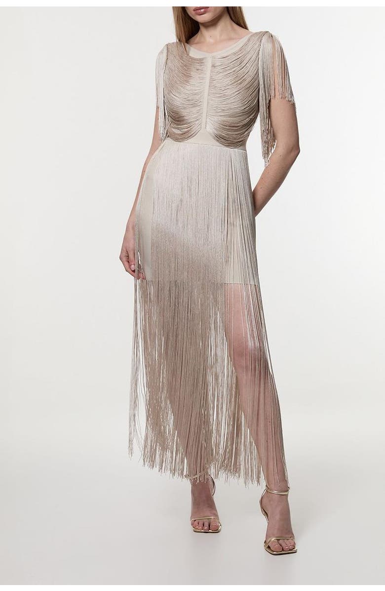 Karen Millen Maxi Draped Fringe Knitted Mini Dress, Alternate, color, Silver