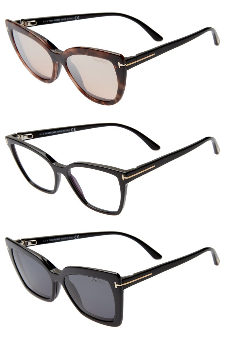 TOM FORD 53mm Blue Light Blocking Cat Eye Glasses & Interchangeable Sunglasses Clips Set, Alternate, color,