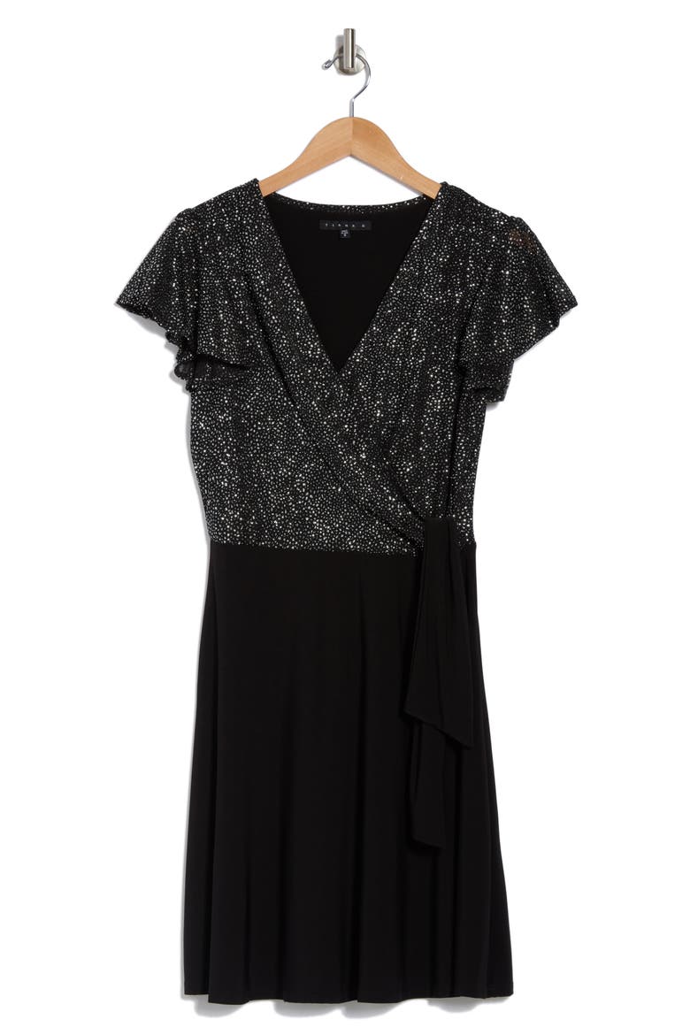 Glitter Dot Short Sleeve Faux Wrap Dress, Alternate, color, BLACK/ SILVER