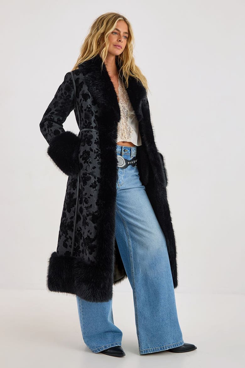 Faux Fur Floral Jacquard Coat, Main, color, Black