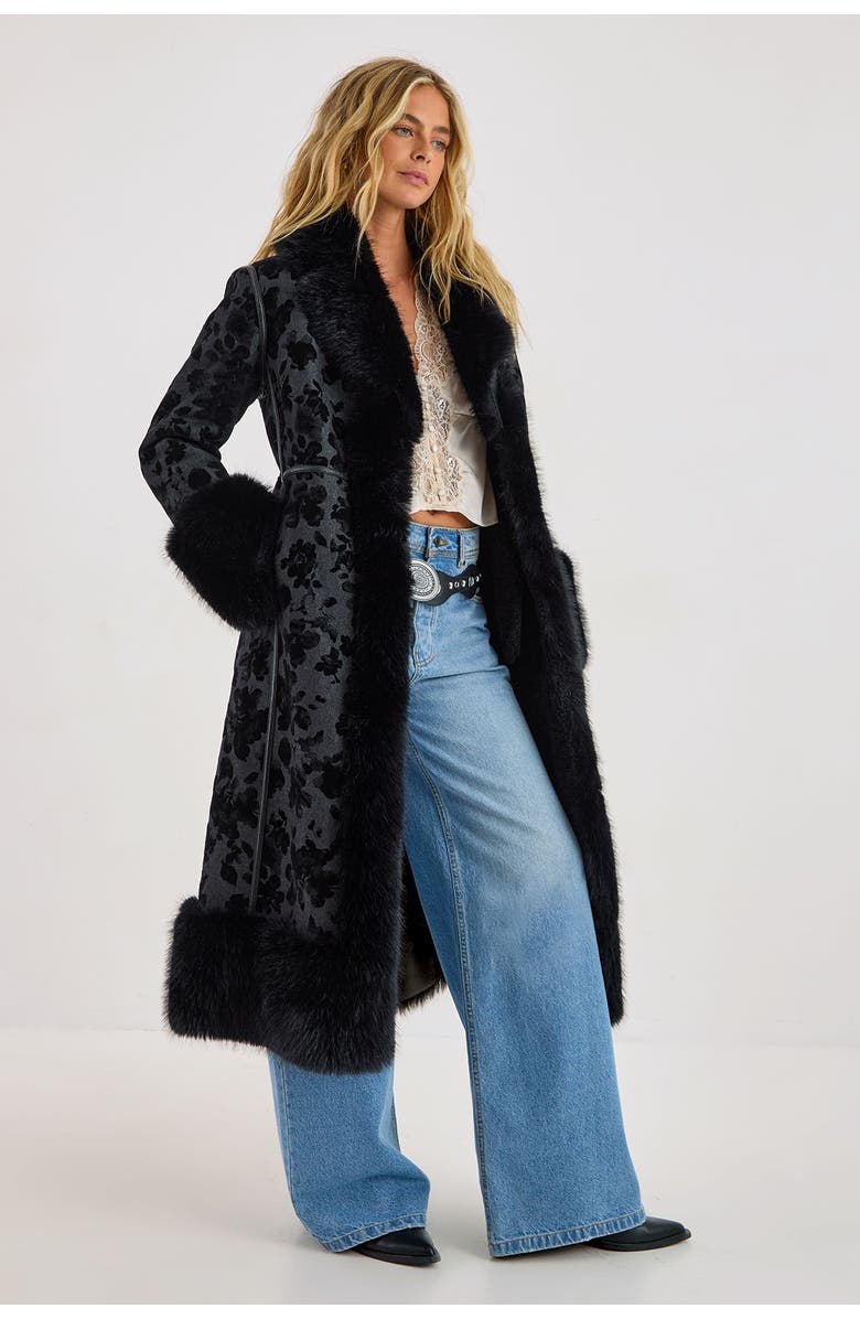 NASTY GAL Faux Fur Floral Jacquard Coat, Main, color, Black