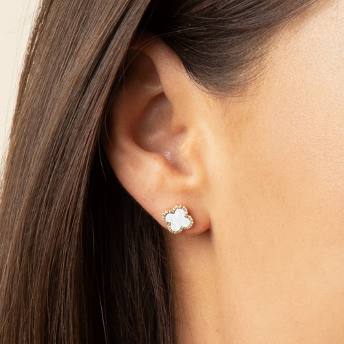 The Lovery Fine Jewelry Mother Of Pearl Diamond Clover Stud Earrings In Silver